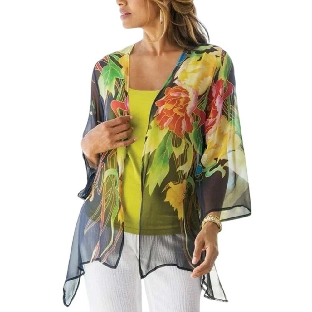 Soft Surroundings Silk Sheer Floral Topper Kimono L/XL Boho Tropical Resort